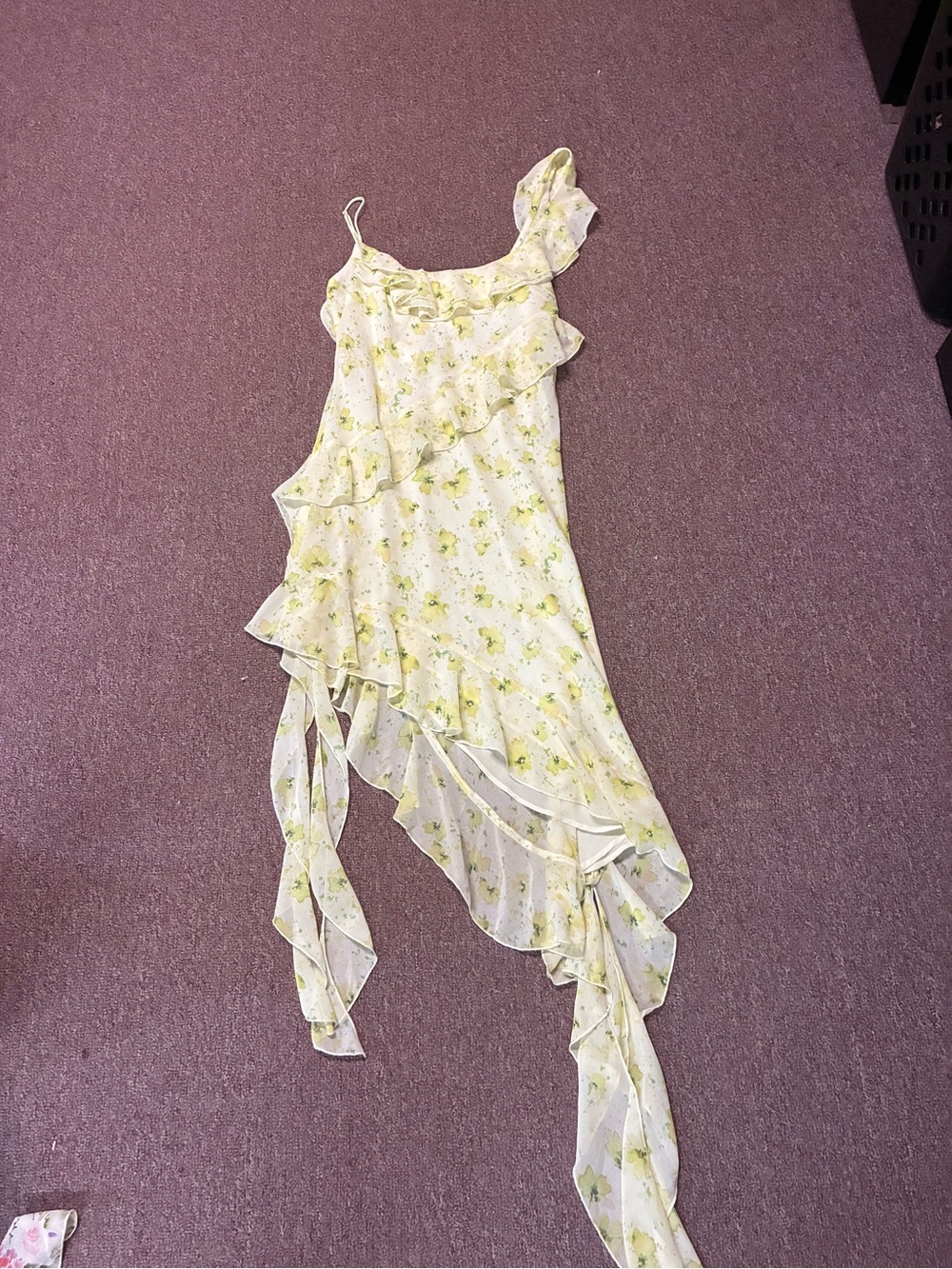 Forever 21 Pale Yellow Floral One-Shoulder Asymmetrical Ruffle Dress